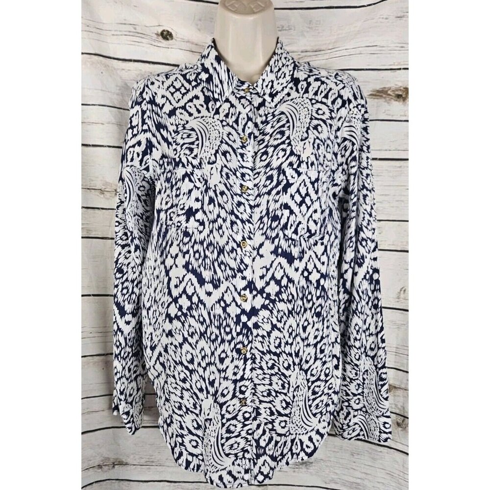 Lilly Pulitzer Navy Floral Print Top S 100% Rayon Button Front Long Sleeves